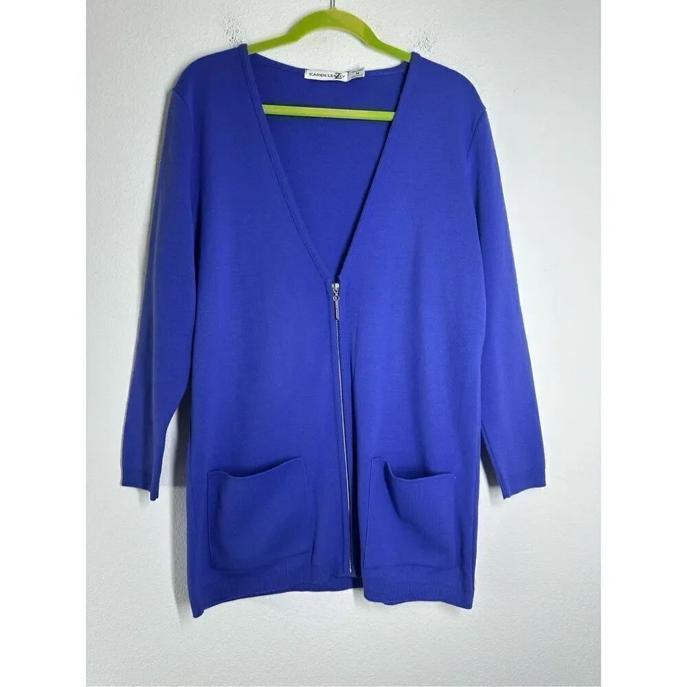 Karen Lessly Cardigan Sweater Womens Size M Zip Front Pockets Vneck Made in USA